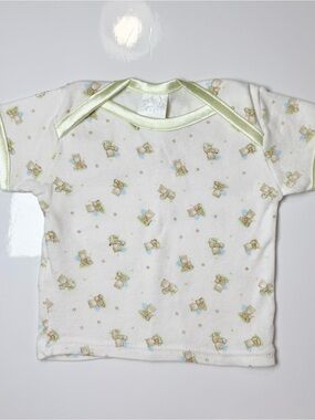 René Rofé Baby Newborn Short Sleeve Teddy Bear AOP Satin Trim Vintage Style